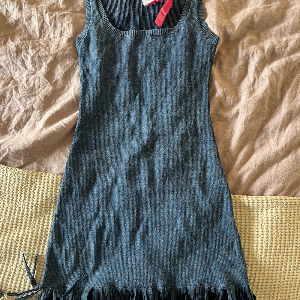 Blue Knit Dress with fringe - Picture 3 of 4